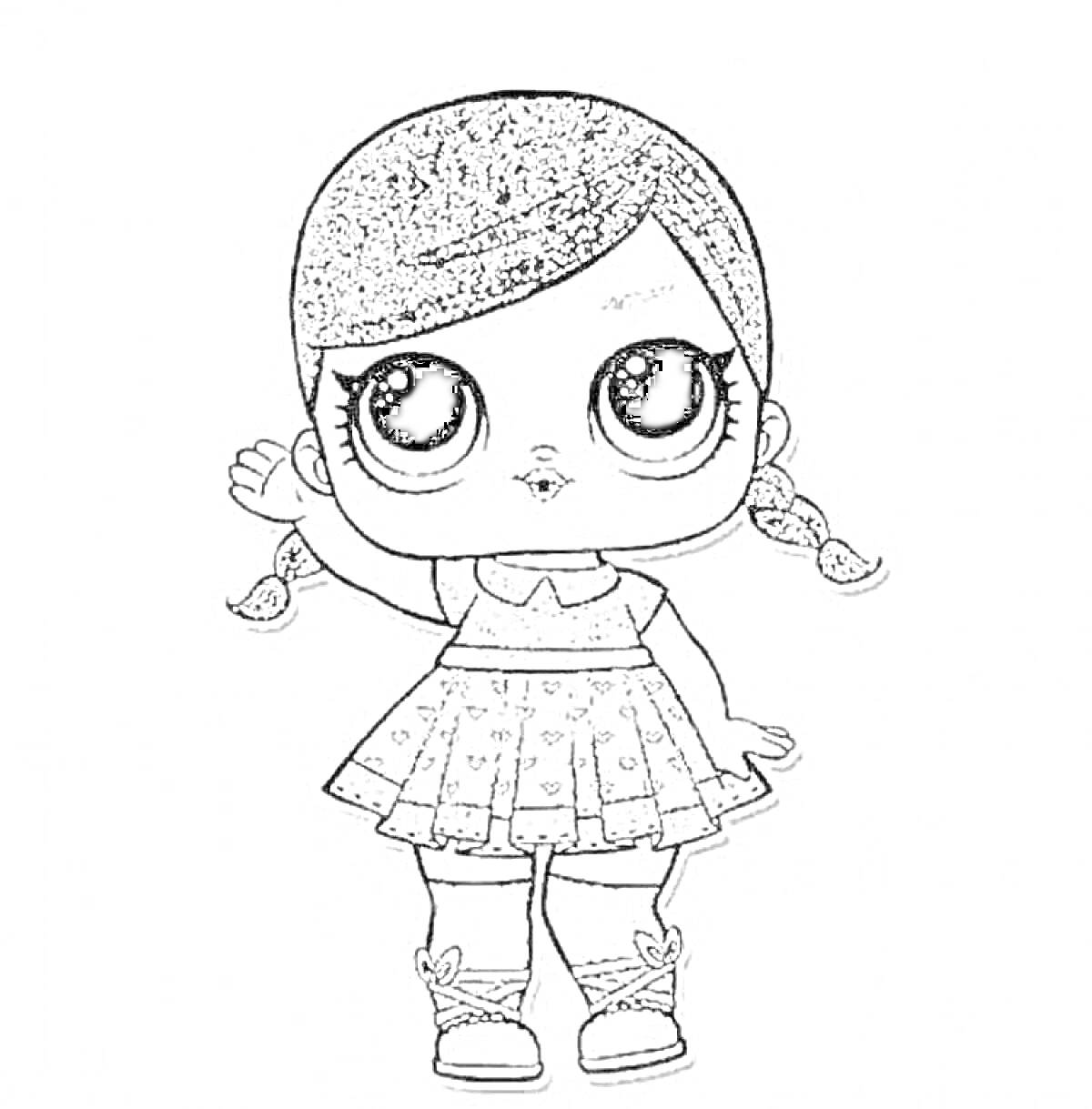 На раскраске изображено: Девочка, Большие глаза, Платье, Косички, Кукла