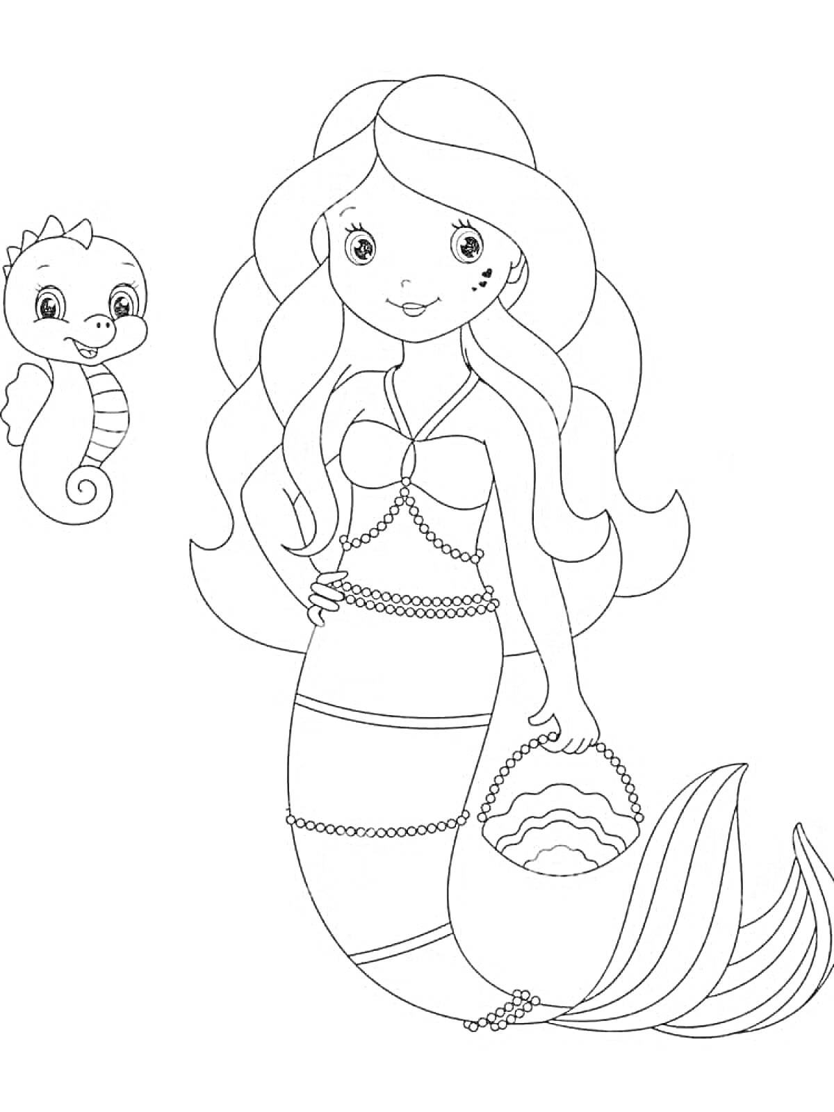 На раскраске изображено: Русалка, Морской конек, Длинные волосы, Море, Подводный мир