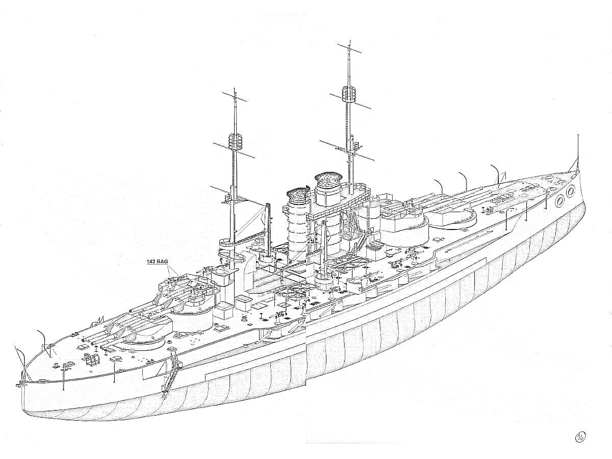 Раскраска Линейный корабль с орудиями, мачтами, трубами и палубными конструкциями