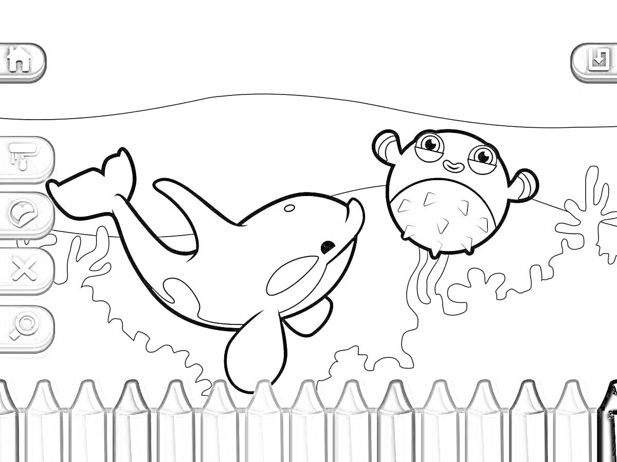 На раскраске изображено: Дельфин, Подводный мир, Кораллы, Игрушки, Для детей