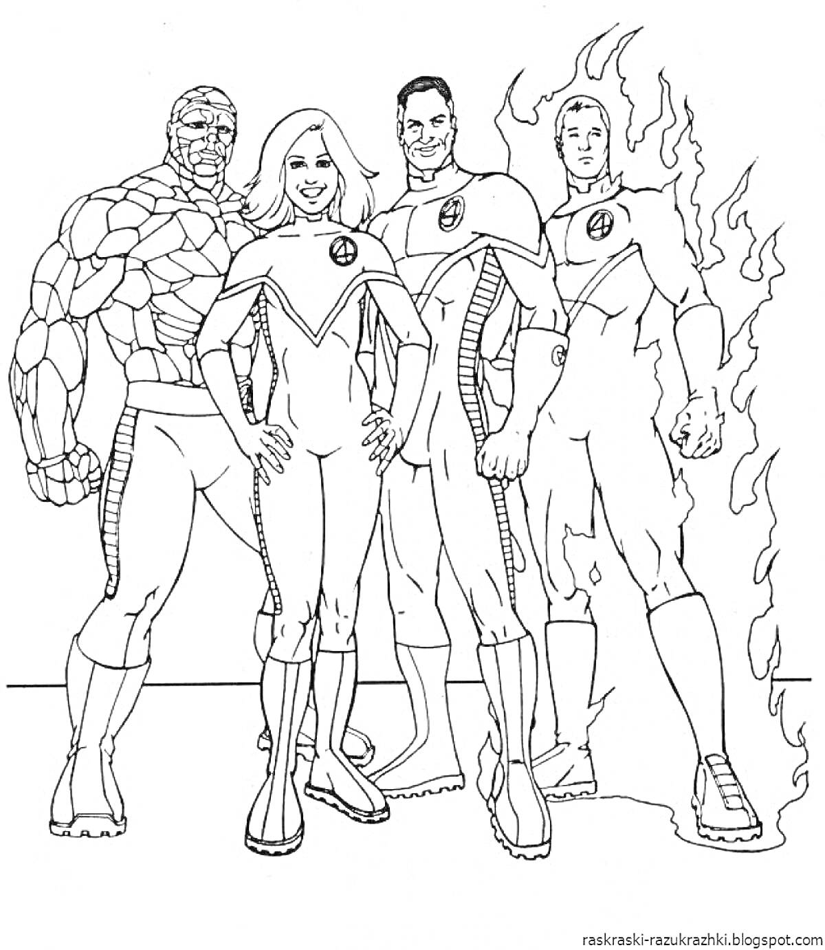 На раскраске изображено: Супергерои, Фантастическая четвёрка, Команда, Комиксы, Пламя, Костюм