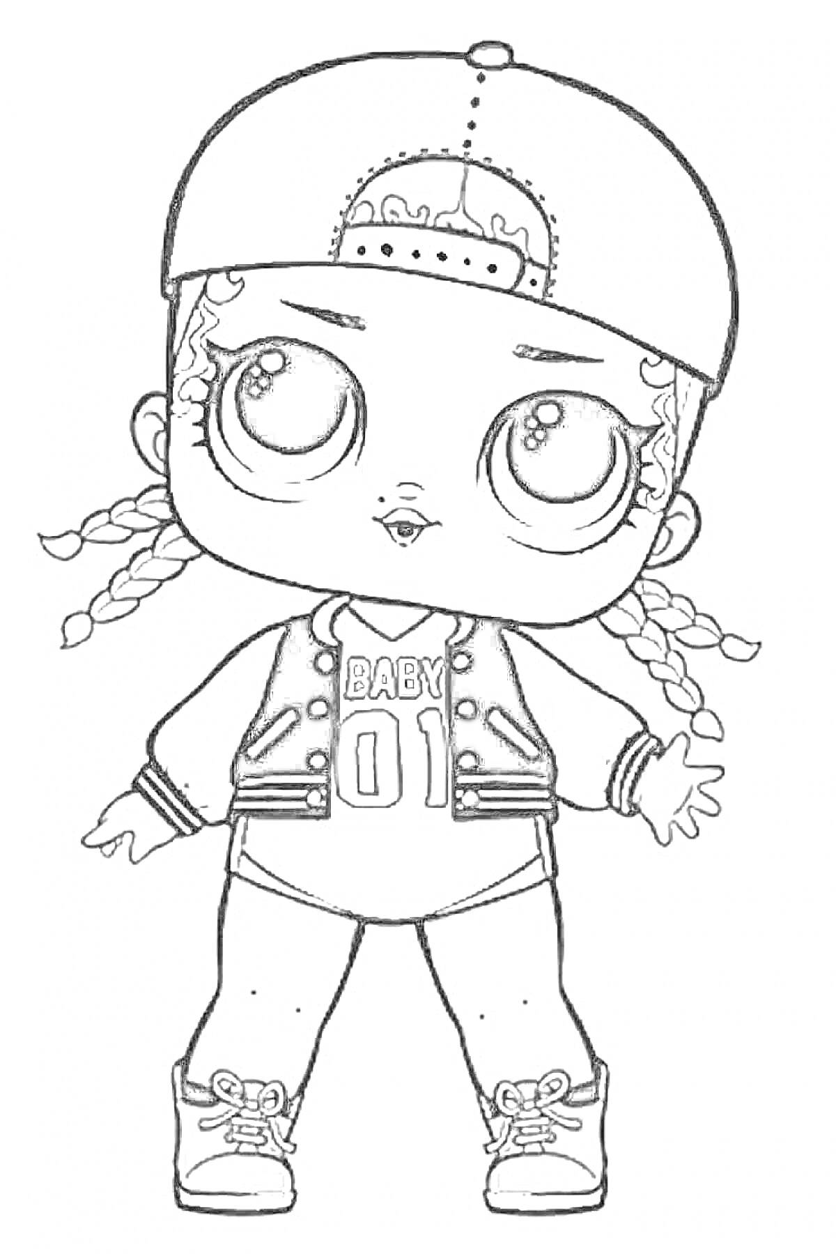 Раскраска Кукла Лол с бейсболкой, двумя косичками, курткой с надписью 