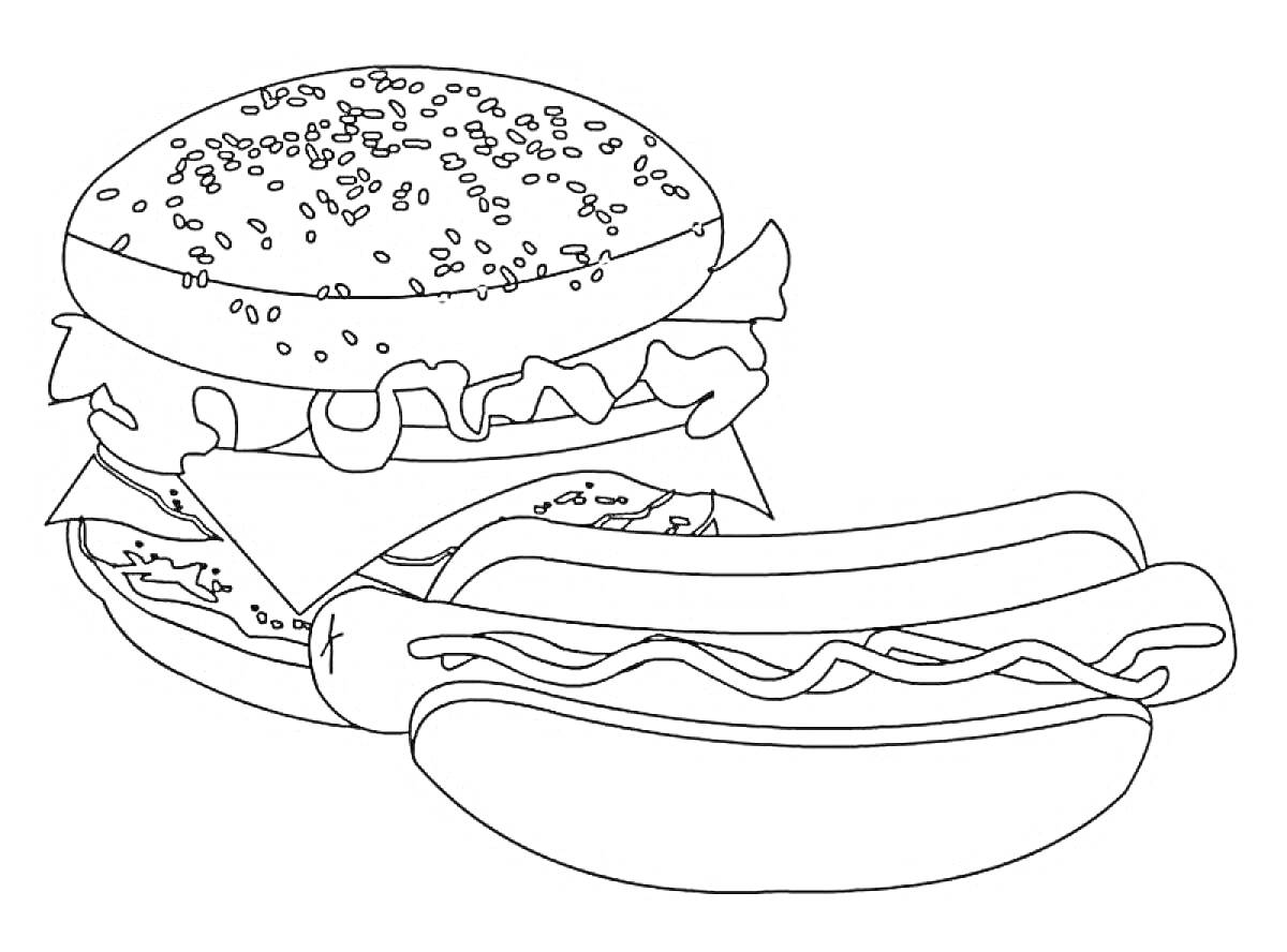 На раскраске изображено: Гамбургер, Хот-дог, Еда, Фаст-фуд, Соус, Сыр, Сосиски