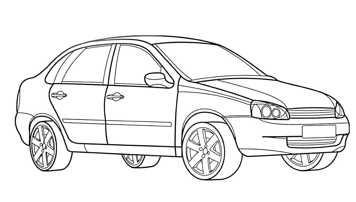 Раскраска Легковой автомобиль Лада с закрытыми дверями и видимыми колесами