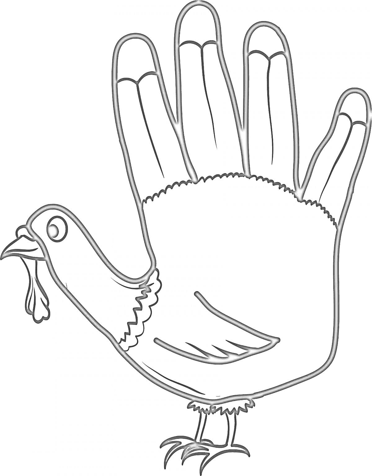 Раскраска Ладонь в виде индейки с деталями, включая голову, хвост, и лапки индейки