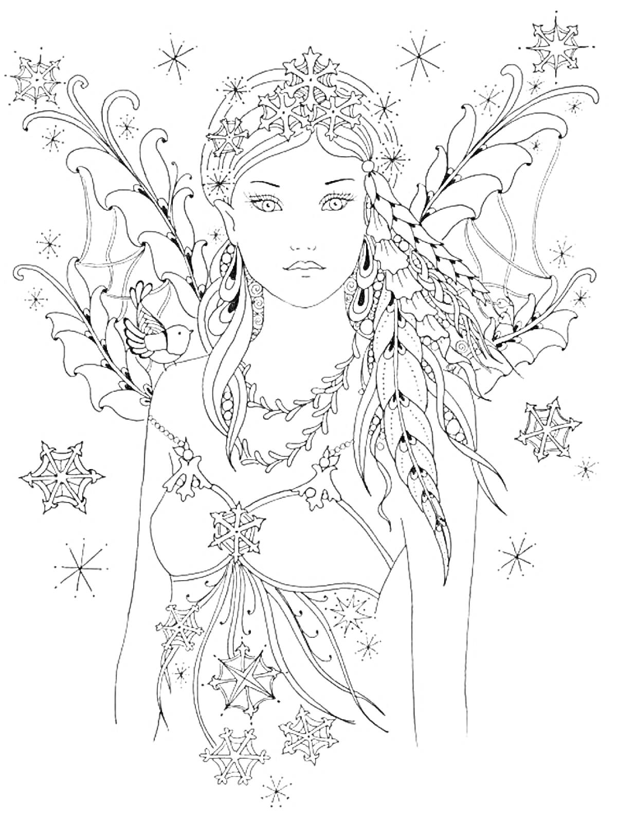 Раскраска Фея с крыльями, украшенная снежинками и лентами. Фон из маленьких звезд и снежинок