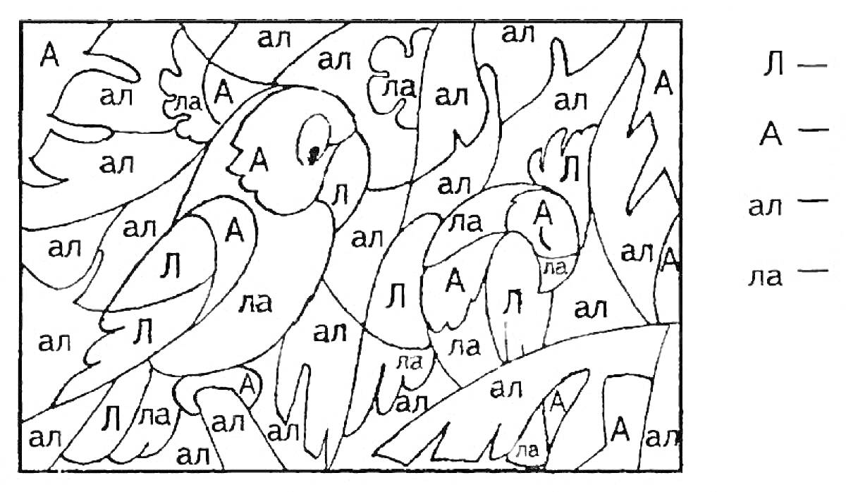 Раскраска с двумя попугаями среди листьев, раскрашивание по буквам