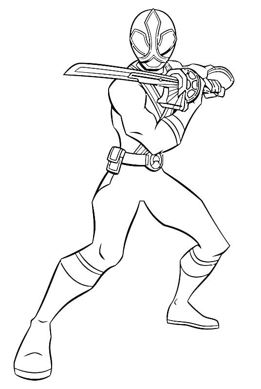 Раскраска Самурайский рейнджер с мечом в боевой стойке