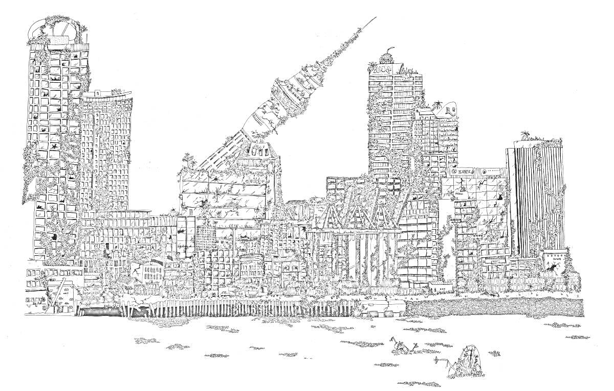 Раскраска Город с разрушенными небоскрёбами и падающей башней