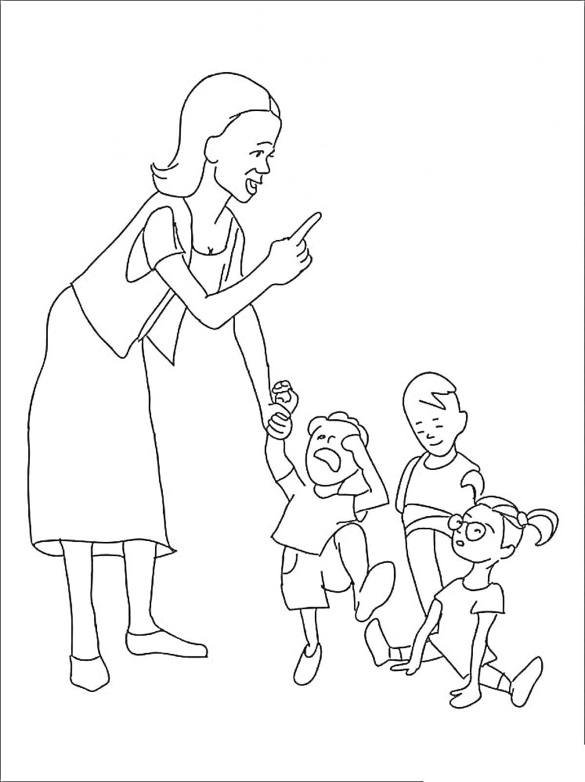 На раскраске изображено: Воспитательница, Плач, Указательный палец, Воспитание, Детский сад