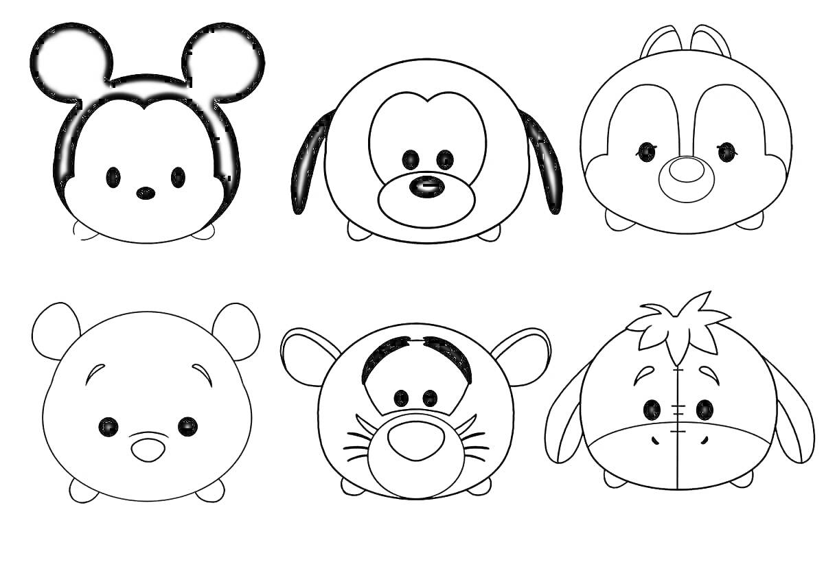 Раскраска Три верхних и три нижних персонажа с большими головами (Микки Маус, песик, бурундук, медвежонок, тигр и ослик)