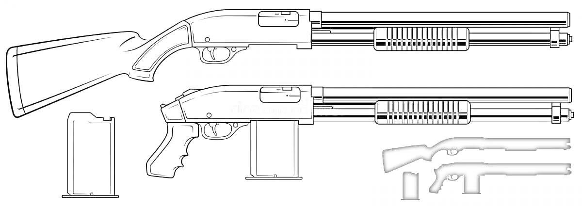 Раскраска Два вида дробовика - полный приклад, пистолетный приклад; магазин; тени