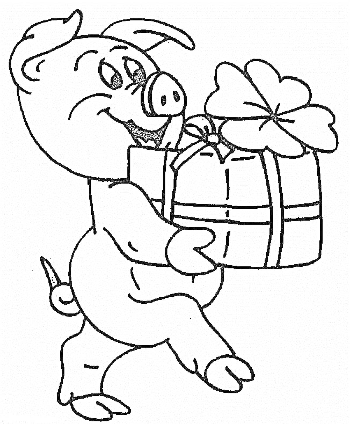 Раскраска Свинка с подарочной коробкой, украшенной бантом и листком клевера