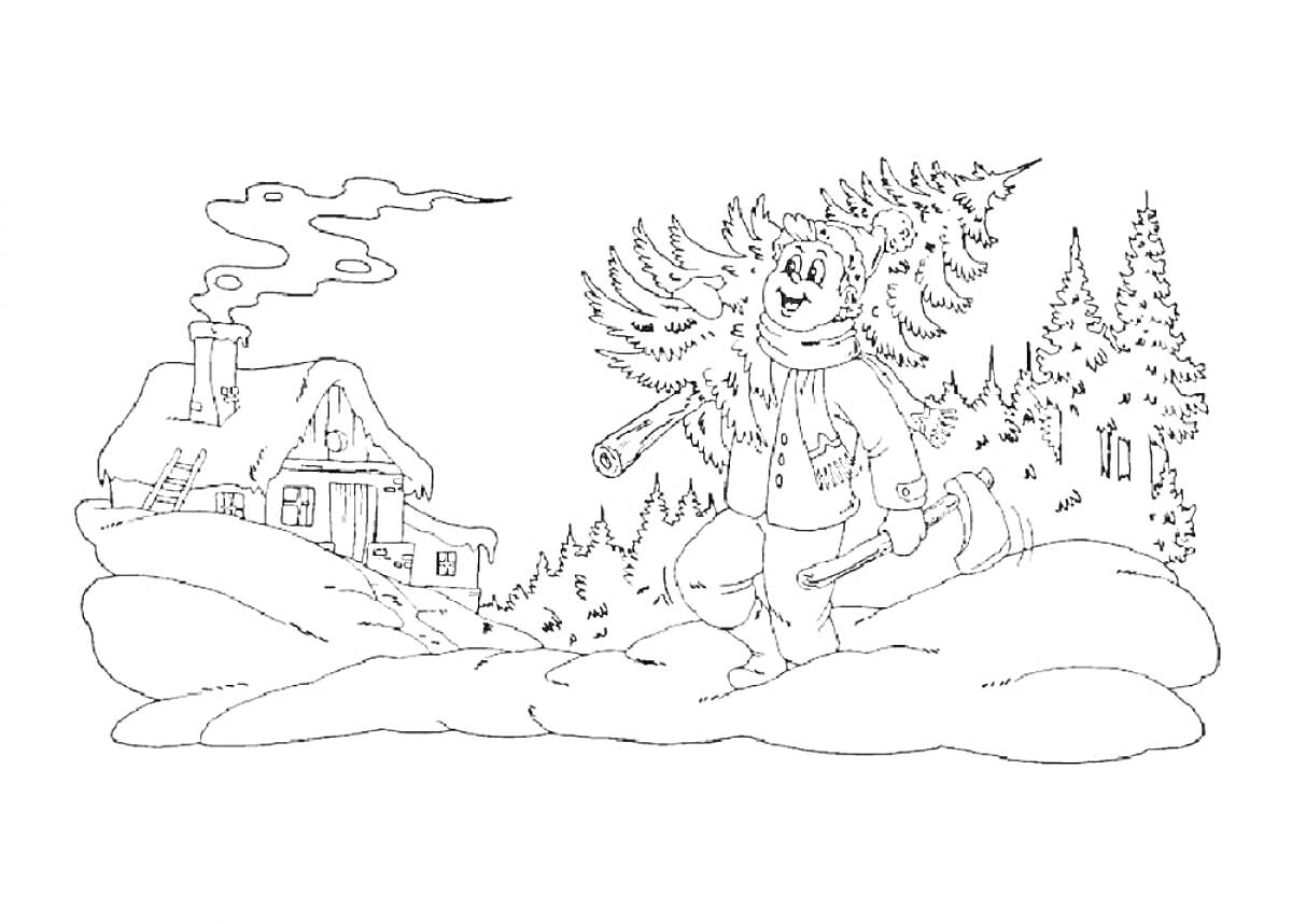 Раскраска Зимний пейзаж с домиком, веселым снеговиком, топором, елкой и лесом