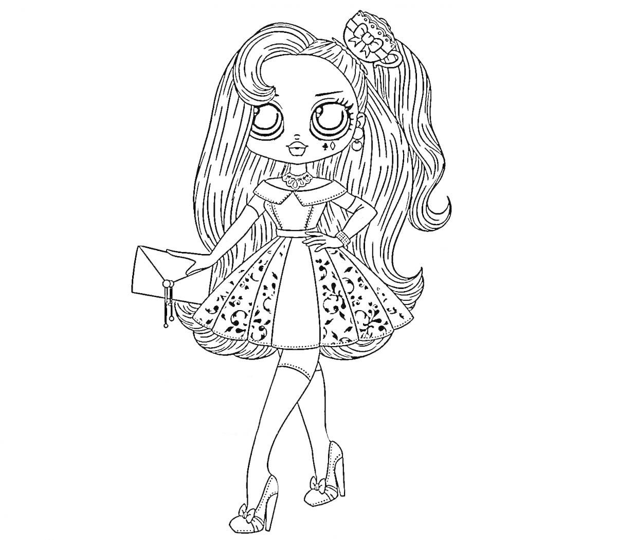 Раскраска Кукла ЛОЛ ОМГ с длинными волосами, в платье с узором, на каблуках, с сумочкой и аксессуаром для волос