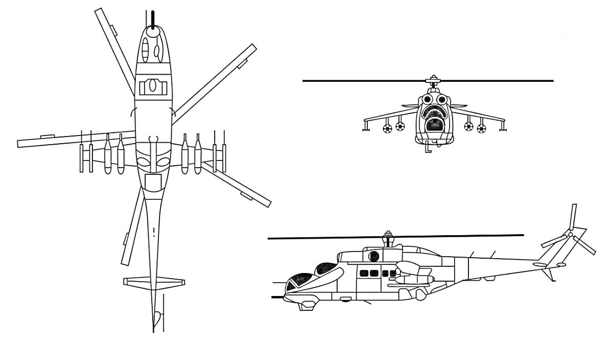 Раскраска Вертолет Ми-24 - вид сверху, вид спереди, вид сбоку