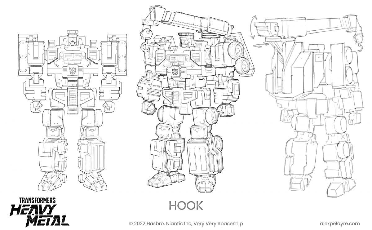 Раскраска Робот-трансформер с краном (Hook) в разных ракурсах