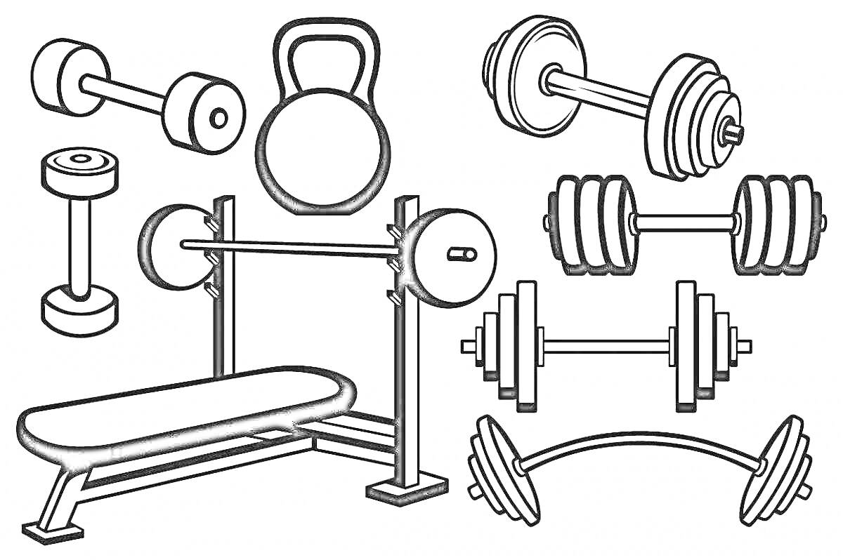 Раскраска Раскраска с гантелями, штангой, скамьёй для жима и гирей