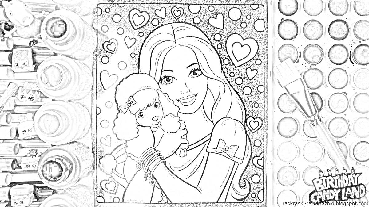 Раскраска Девочка с длинными волосами, держащая пуделя, на фоне сердечек, краски и кисточка