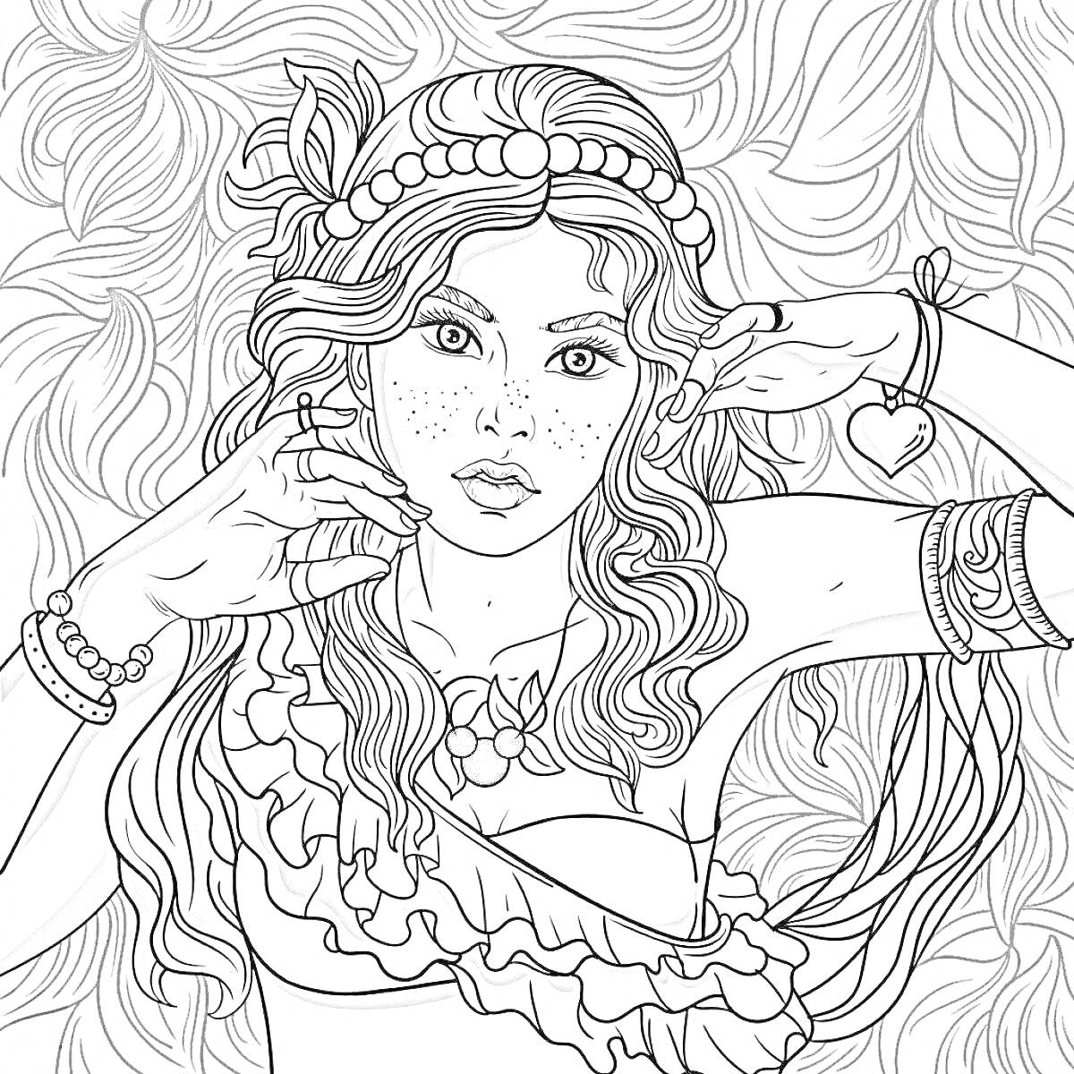 Раскраска Девушка с волнистыми волосами и украшениями на фоне листьев