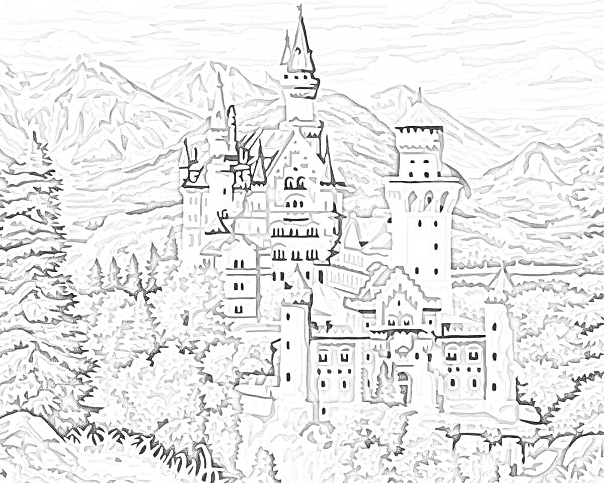 На раскраске изображено: Замок, Горы, Природа, Лес, Деревья, Архитектура, Пейзаж, Осень, Крепость