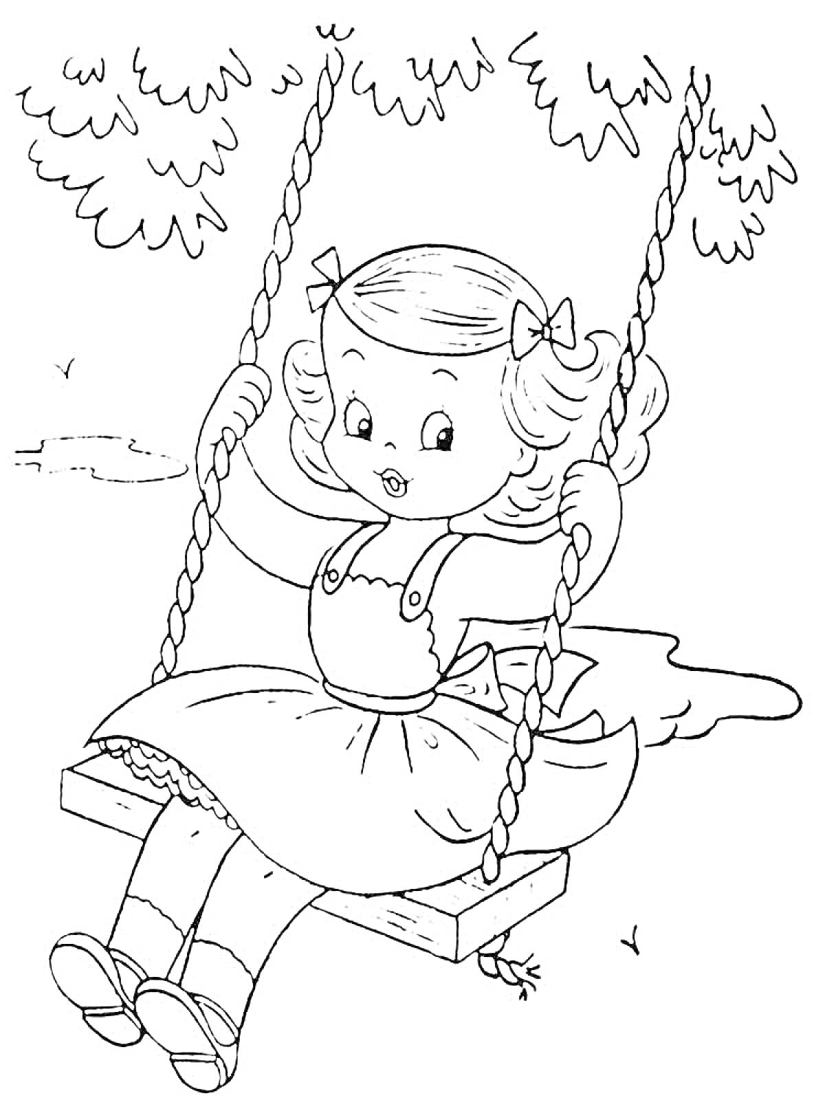 Раскраска Девочка на качелях под деревьями