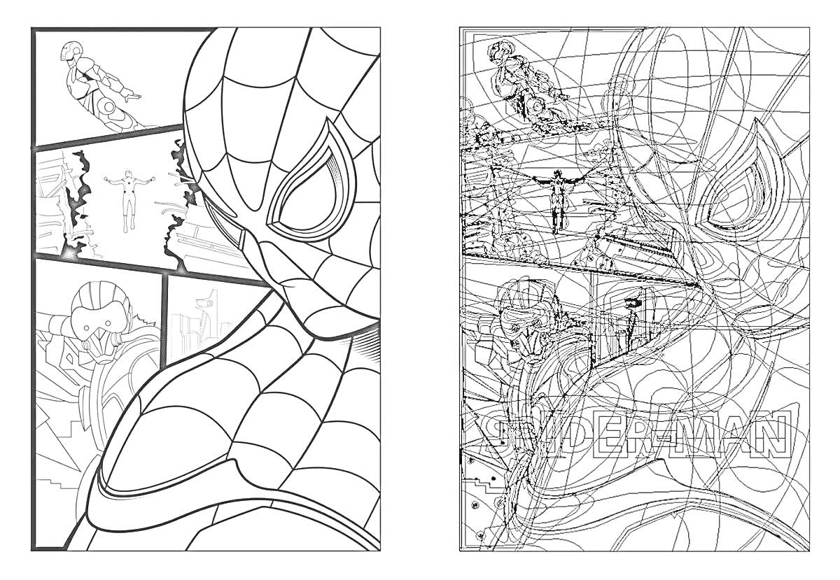 Раскраска Человек-паук возвращение домой, крупный план Человека-паука, его костюм, сцены сражения, сквозной сюжет, враг Стервятник, городской пейзаж, графический стиль комикса.