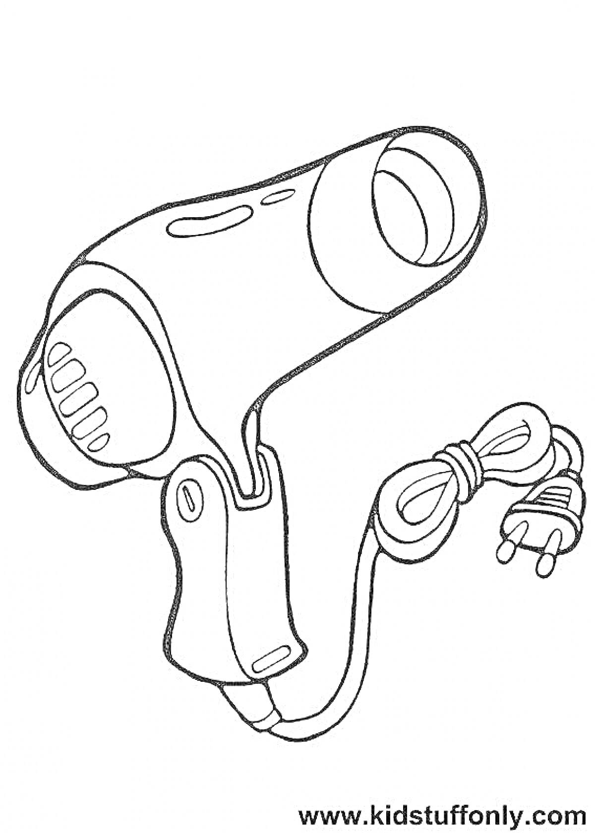 На раскраске изображено: Фен, Бытовая техника, Шнур, Электричество, Контурные рисунки