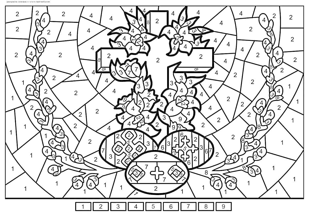 Раскраска Пасхальный крест с цветами и писанками