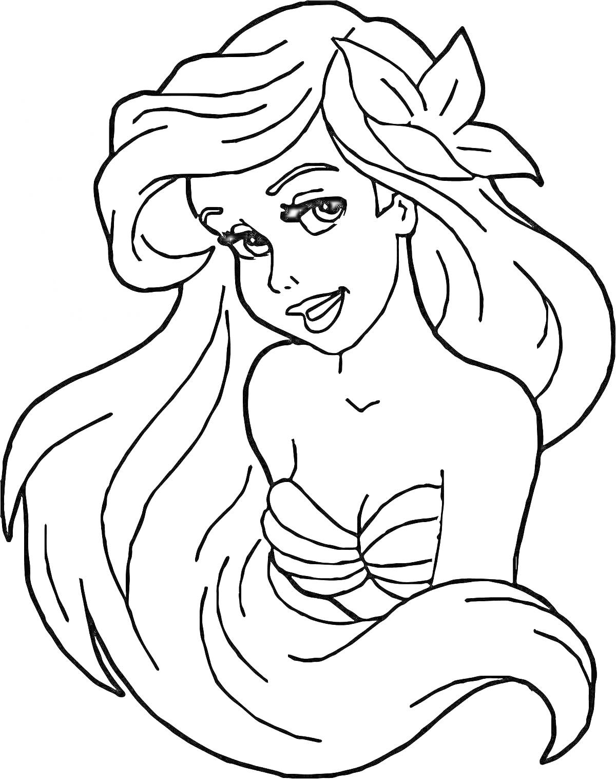 РаскраскаРусалка Ариэль с длинными волосами и цветком в волосах