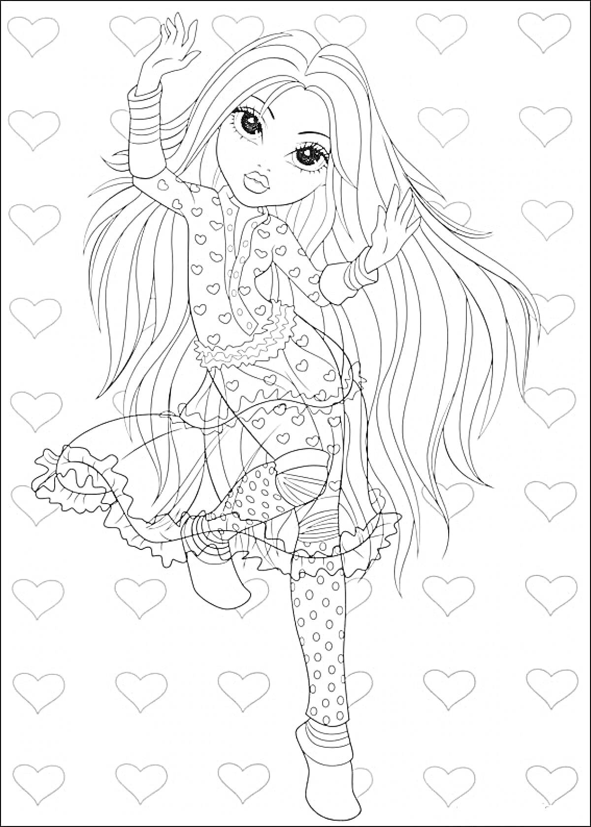 Раскраска Девочка с длинными волосами в платье и леггинсах на фоне сердца
