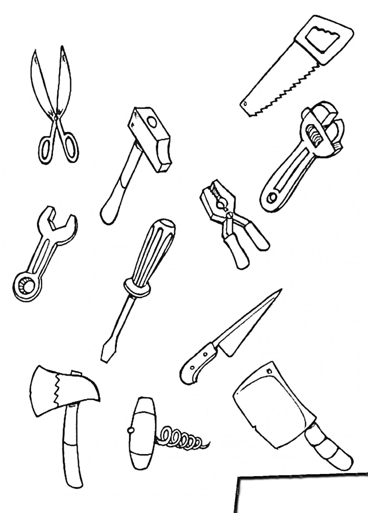 На раскраске изображено: Ножницы, Молоток, Ножовка, Гаечный ключ, Отвертка, Пассатижи, Брелок, Нож, Тесак