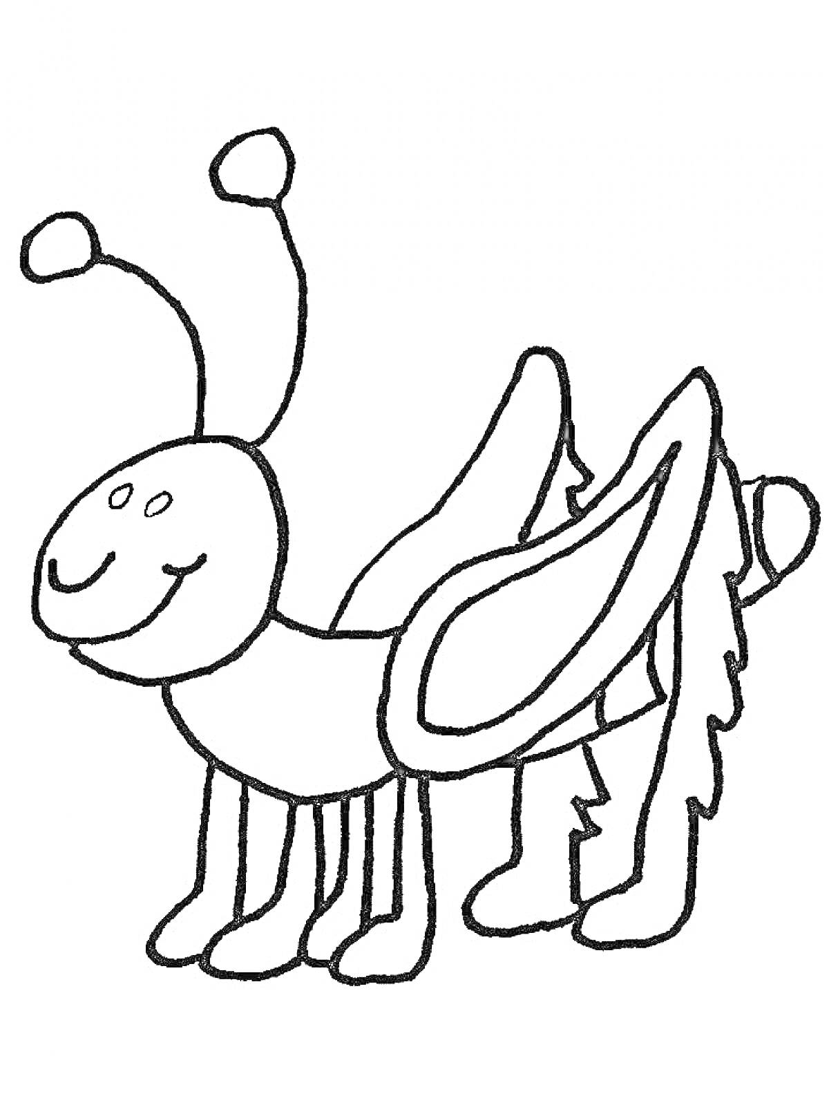 Раскраска Улыбающийся кузнечик с антеннами и крыльями