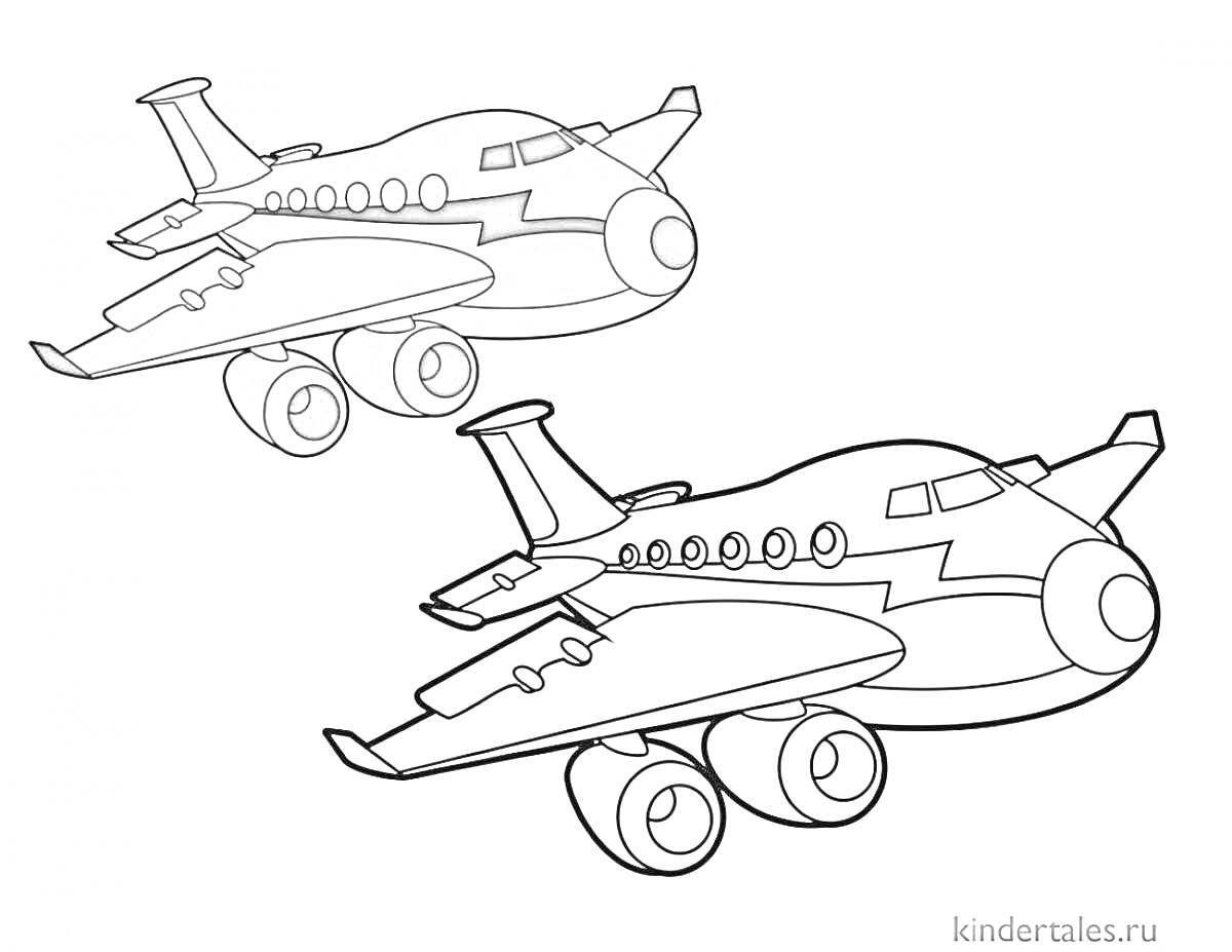 Раскраска Раскраска с самолетом: цветной самолет на заднем фоне, черно-белый самолет на переднем фоне