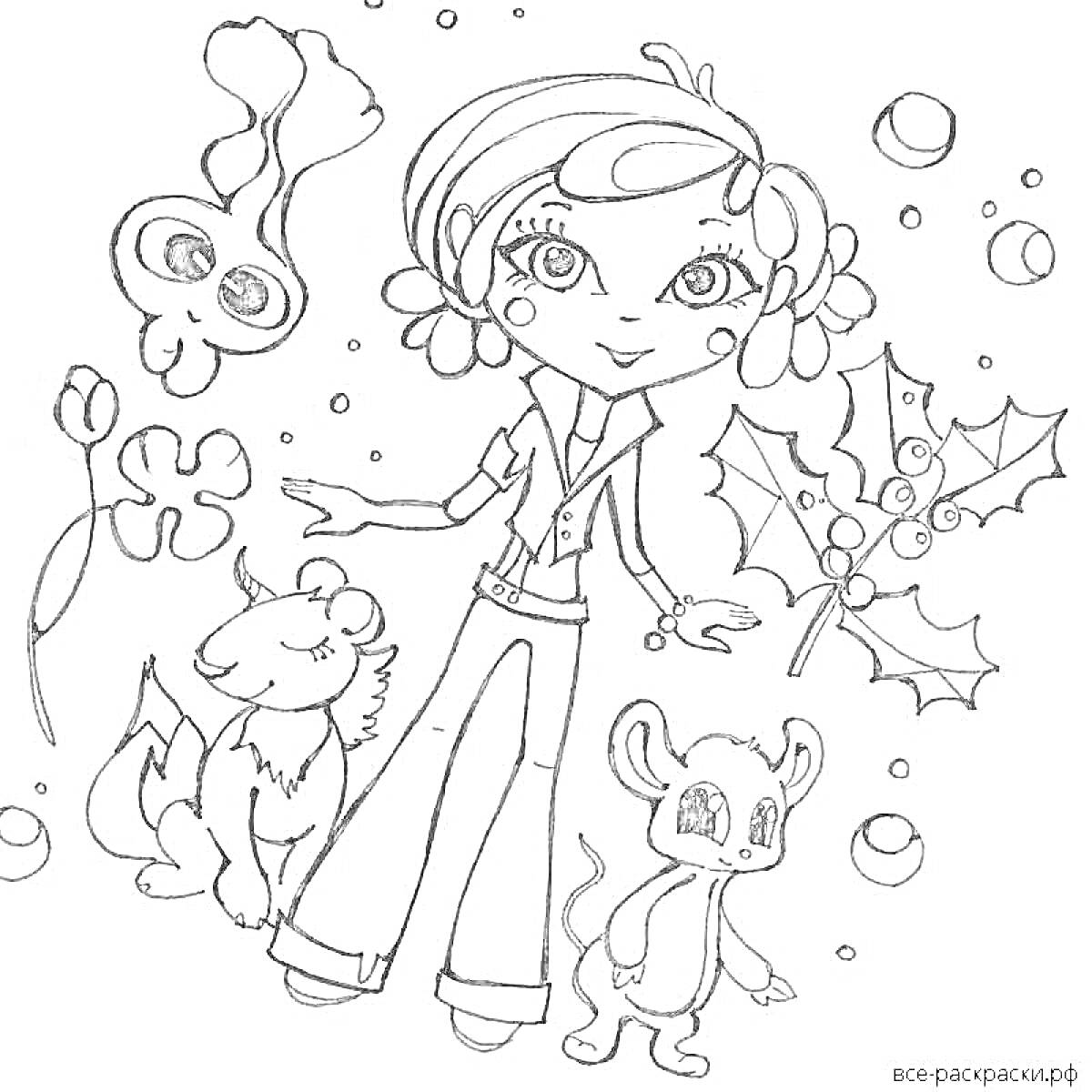 На раскраске изображено: Сказочный патруль, Девочка, Животные, Мышь, Листья