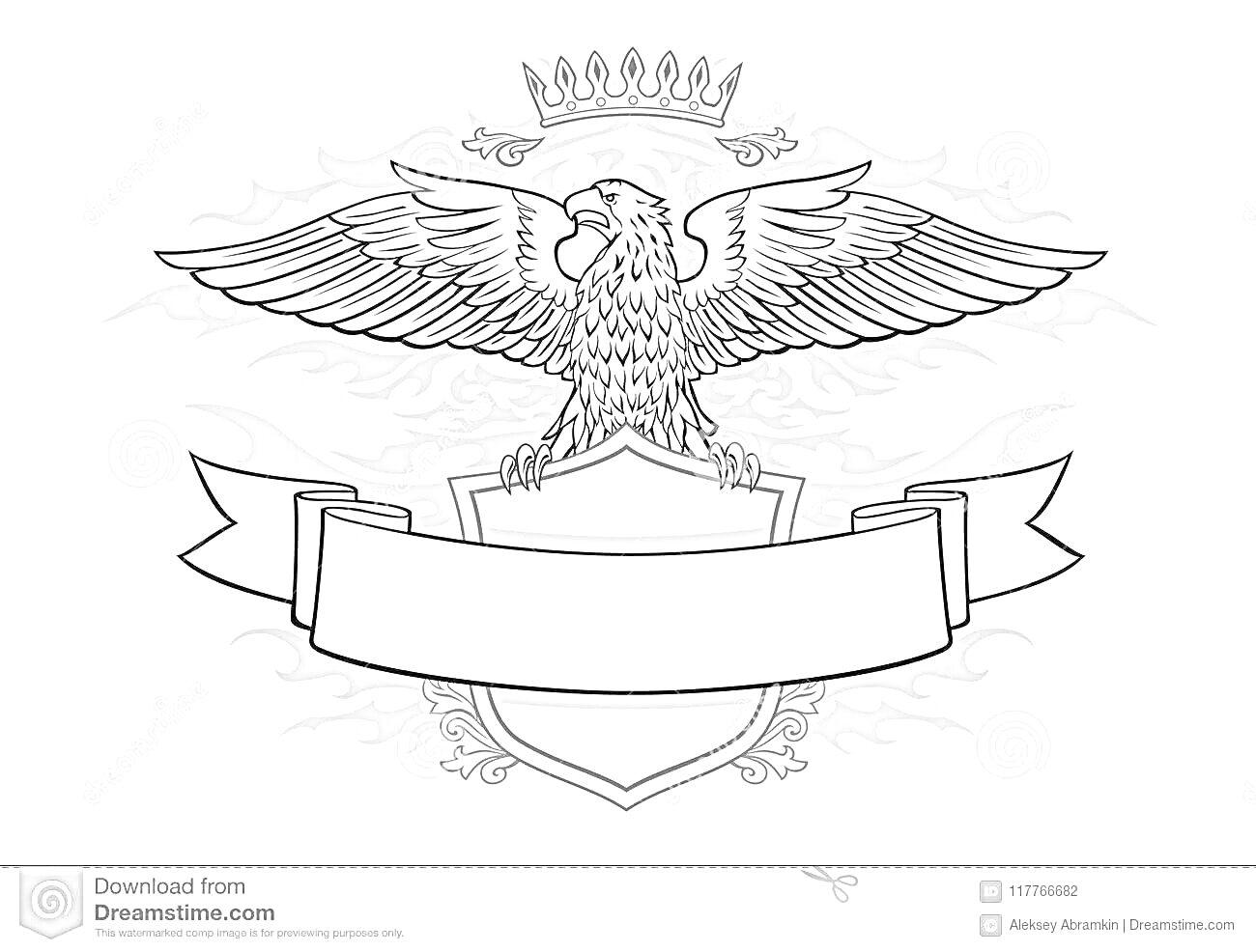 На раскраске изображено: Орел, Корона, Щит, Лента, Расправленные крылья