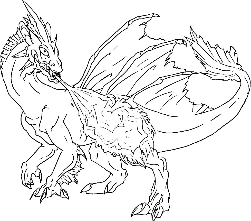 Раскраска Огнедышащий дракон с крыльями и чешуйчатым телом