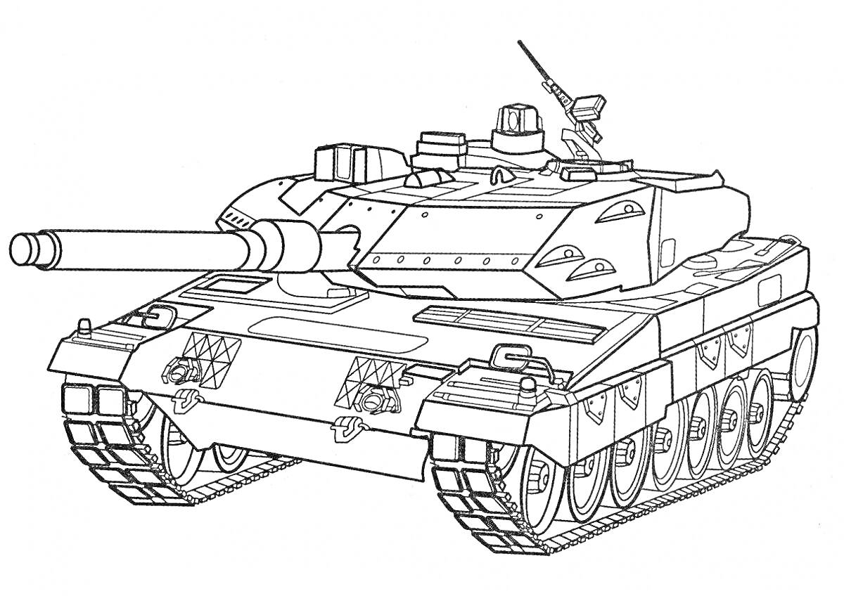 Раскраска Танковая раскраска с изображением боевой машины, пушкой, антеннами, гусеницами и деталями брони