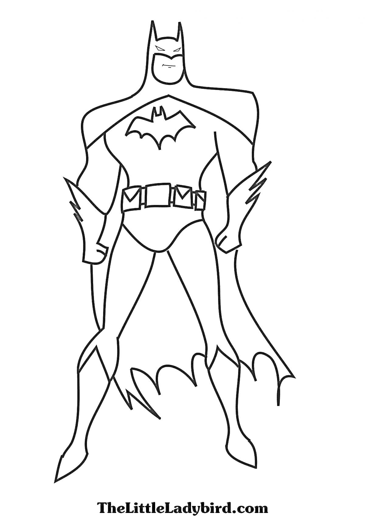 Раскраска Бэтмен в классическом костюме с логотипом летучей мыши, плащом и поясом