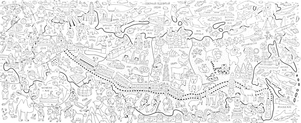 Раскраска Карта России - контурная раскраска с обозначениями городов, памятников, природных объектов, животных и людей