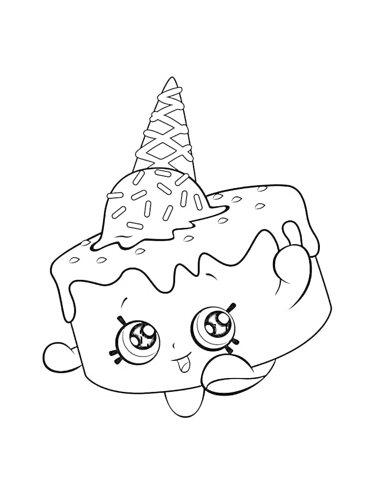 Раскраска Сквиши торт с рожком мороженого и лицом