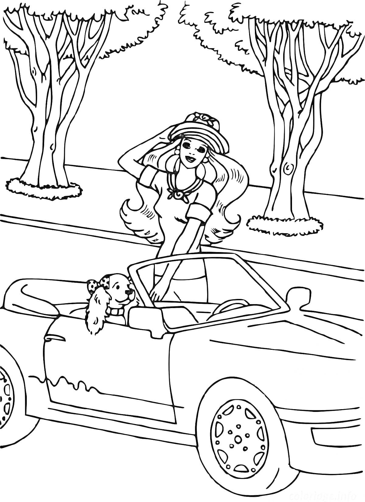 На раскраске изображено: Кабриолет, Девочка, Собака, Деревья, Спорткар, Природа, Шляпа