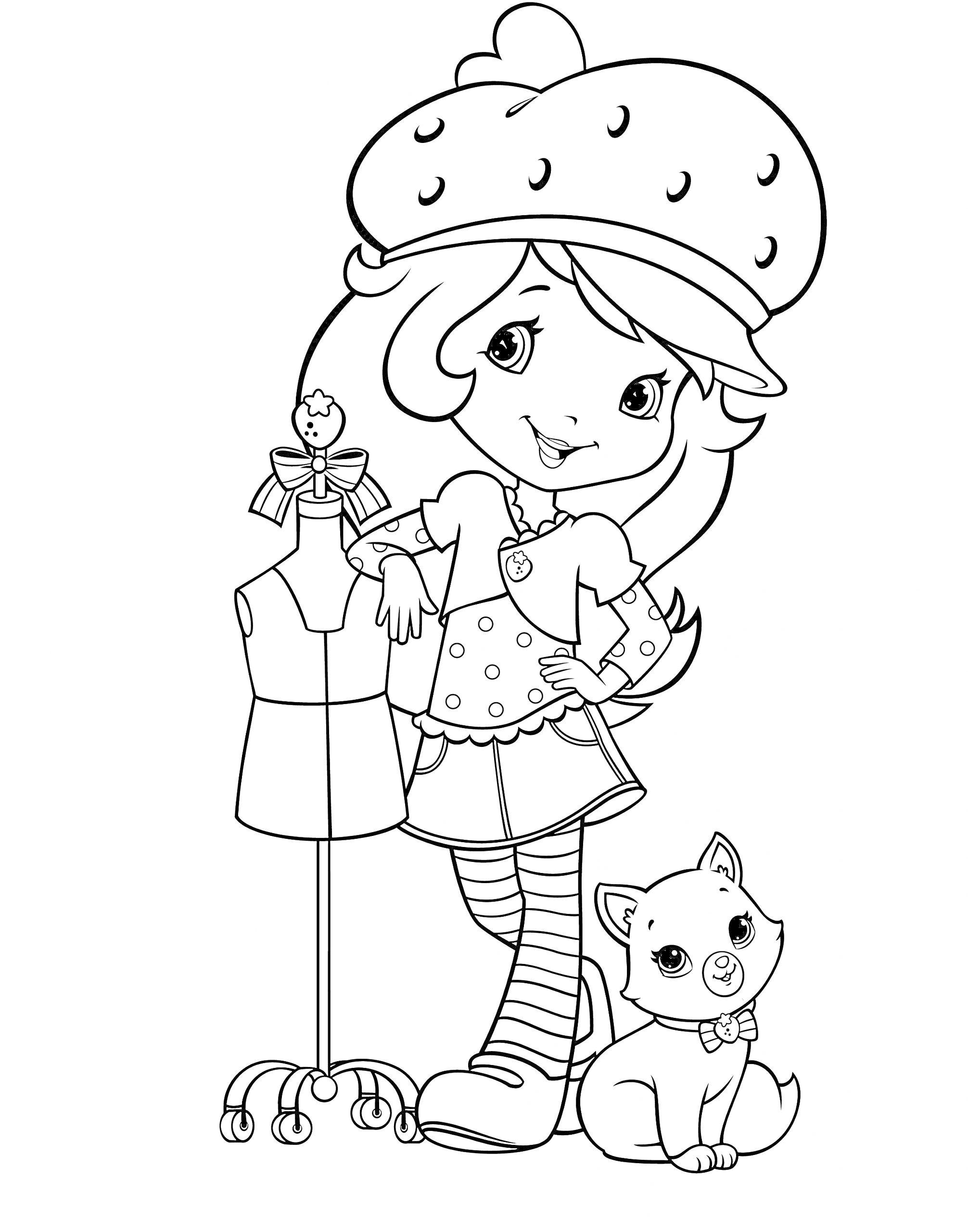 Раскраска Шарлотта Земляничка с манекеном и котенком, одетая в берет и юбочку