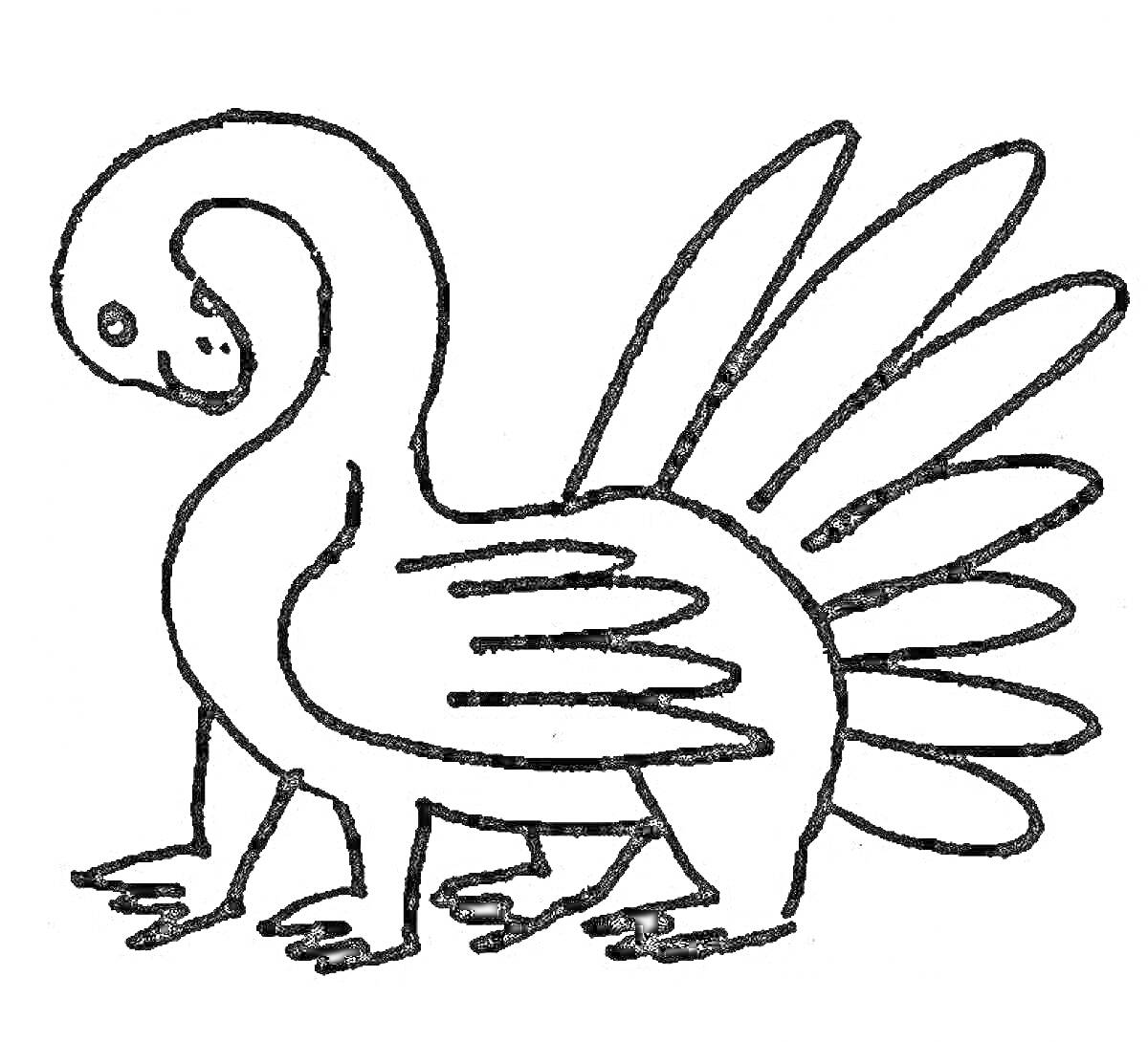 Раскраска Фантастическое животное с четырьмя лапами, шестью крыльями и шестью длинными перьями на хвосте, с длинной шеей и улыбающимся лицом
