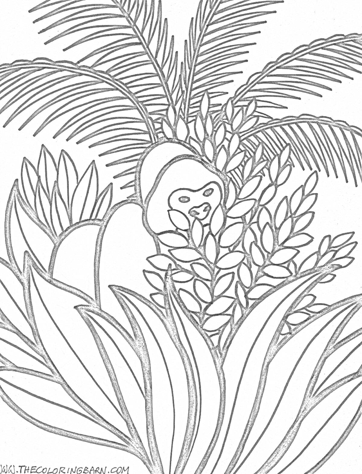 Раскраска Лесная сцена с гориллой, пальмами и кустами