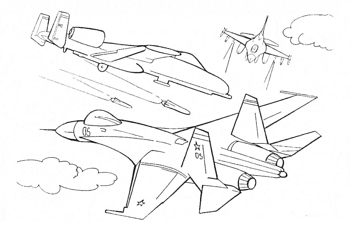 Воздушный бой: три самолета, облака и ракеты