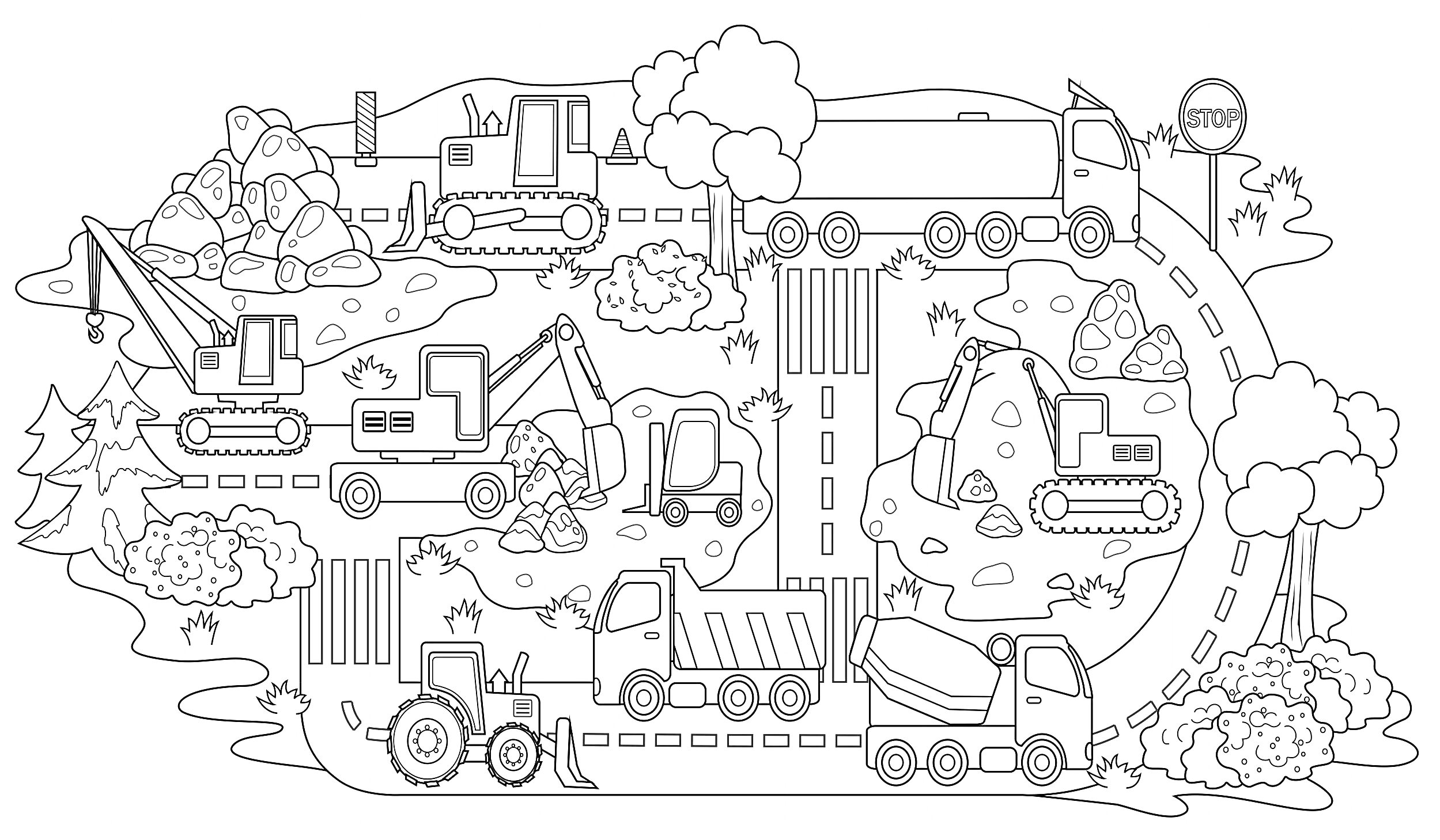 Раскраска Дорога с грузовиками и строительной техникой в лесу