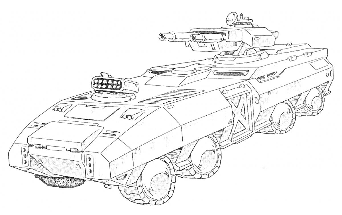 Раскраска Броневик с пушкой и сложной броней, оборудованный тяжелыми колесами и дополнительным вооружением