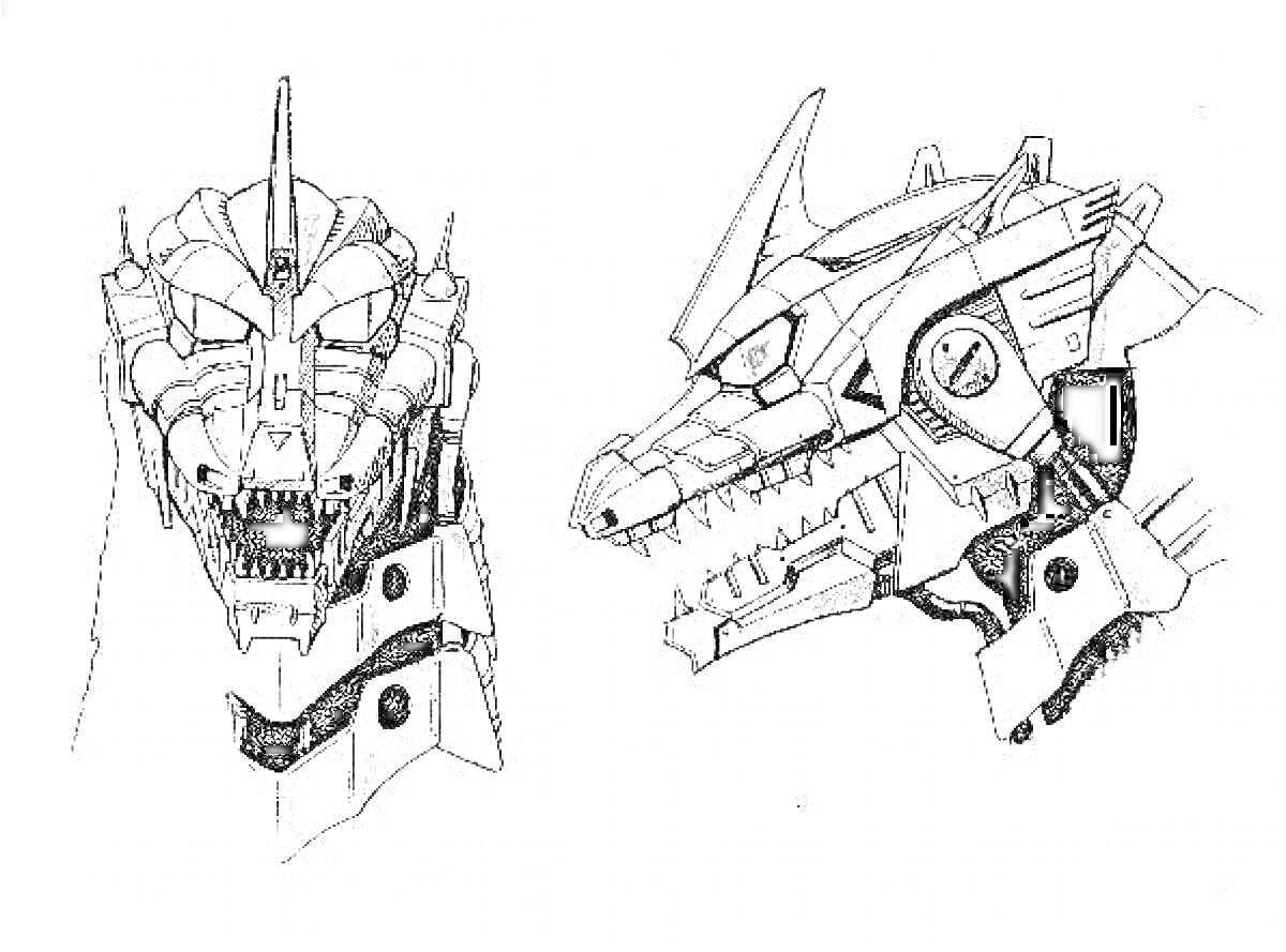 На раскраске изображено: Мехагодзилла, Робот, Голова, Профиль, Динозавр