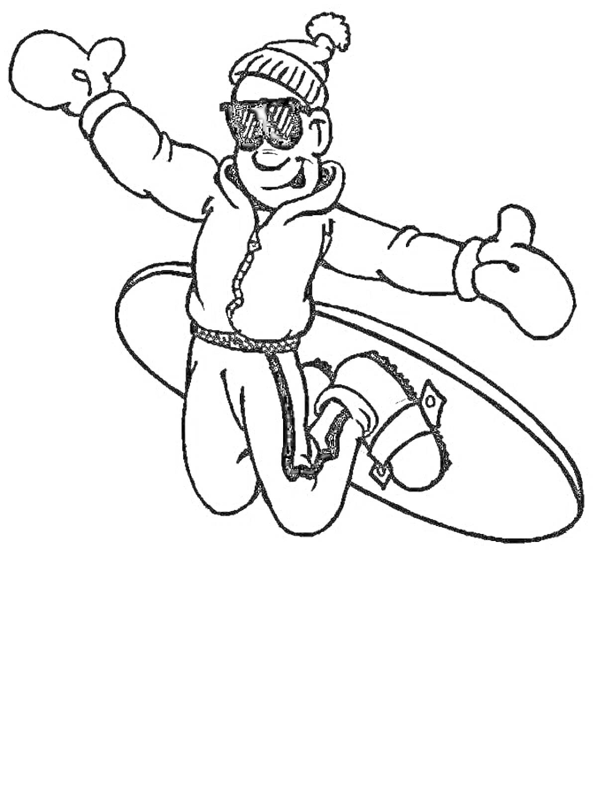 Раскраска мальчик на сноуборде в зимней одежде и солнечных очках, выполняющий трюк в воздухе